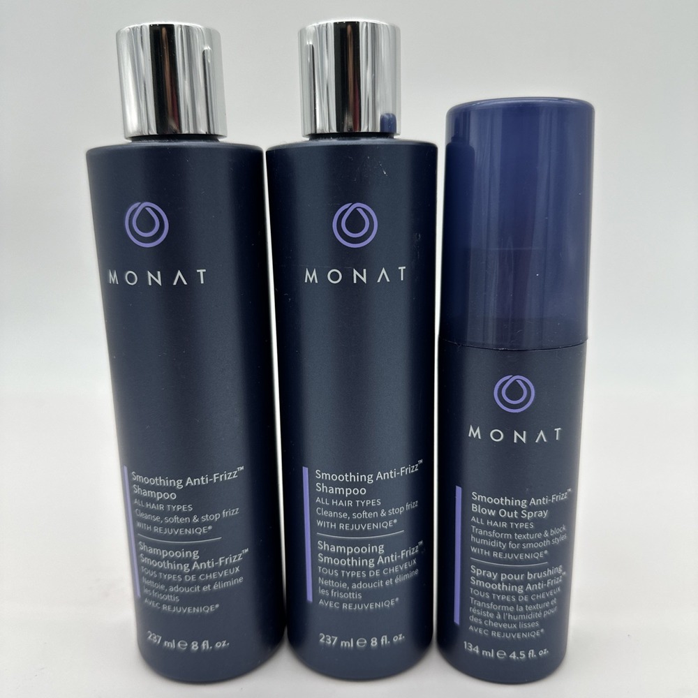 2 - Monat Smoothing Anti-Frizz Shampoo 8oz Rejuvinique & Blow out Spray 4.5oz